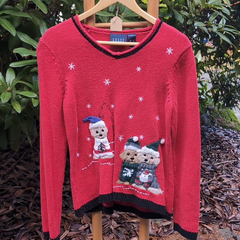 Red Holiday Dog Applique Sweater with Snow Design